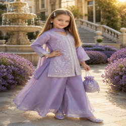 Girls Premium Embroidered Kurti Palazzo Set with Dupatta & Potli Bag